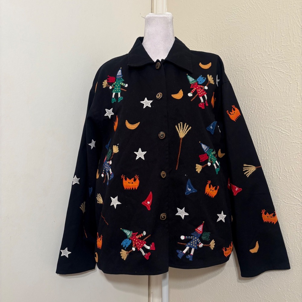 Black Embroidered Witch Halloween Celestial Button Up Jacket Kitschy Novelty L